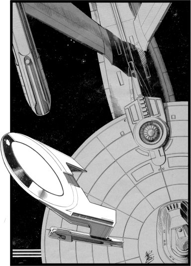 A small Karekh class science vessel slowly pulls away from a larger Constitution (refit) class cruiser; artwork scanned and submitted by Ed McCarthy.