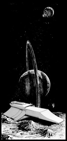 A K-5 rests on the surface of a moon, with the moon's ringed jovian host rising in the distance; artwork scanned and submitted by Ed McCarthy.