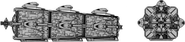 A port and bow view of a Caladan carrier vehicle, with nine P-3 type cutters attached to its dorsal, port, and starboard surfaces.